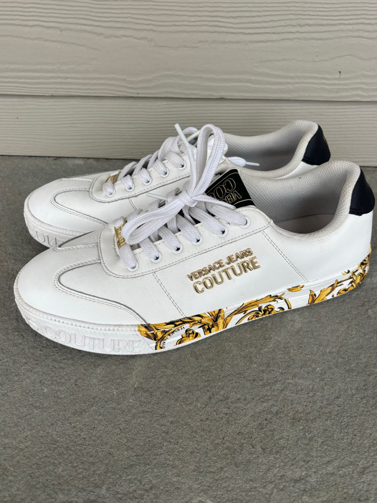 Versace White Gold Hibiscus Leather Sneakers